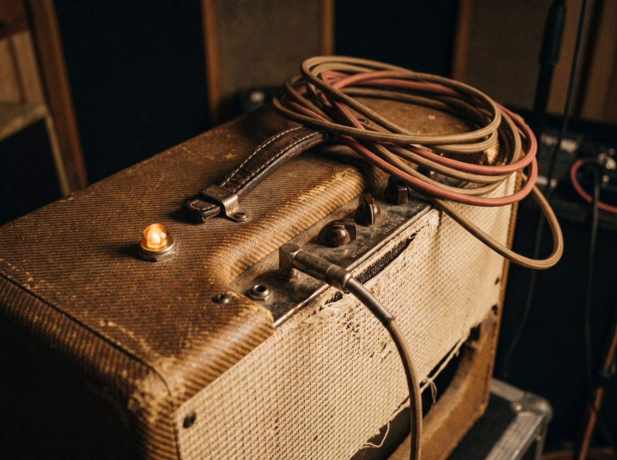 Vintage tweed tube amplifier with coiled cables in a dim studio