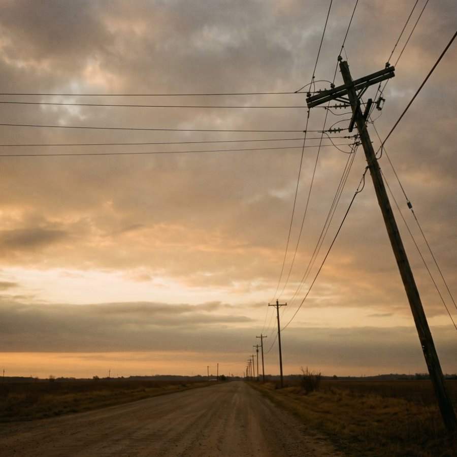 Power lines against a dawn sky over open Southern farmland