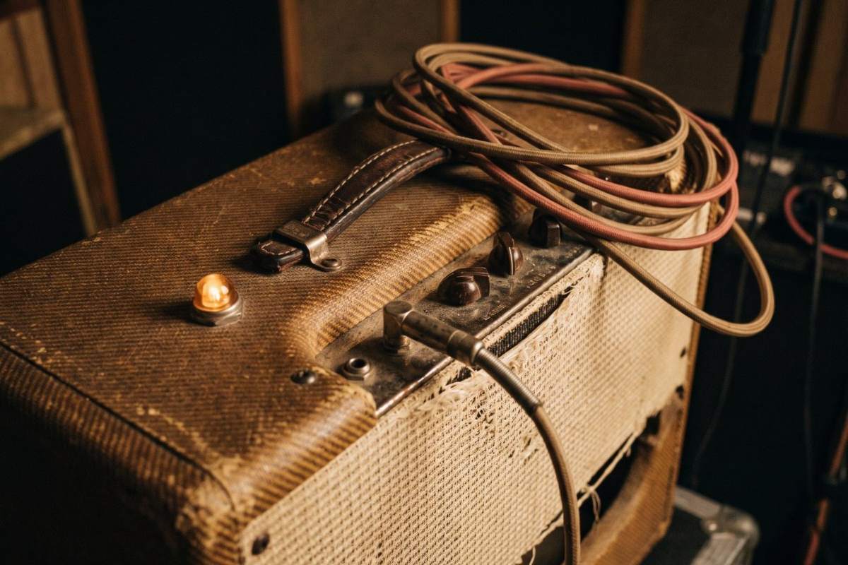 Vintage tweed tube amplifier with coiled cables in a dim studio