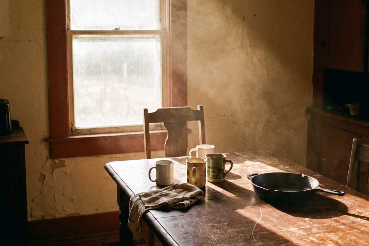 Morning light across a worn kitchen table in an old Southern house